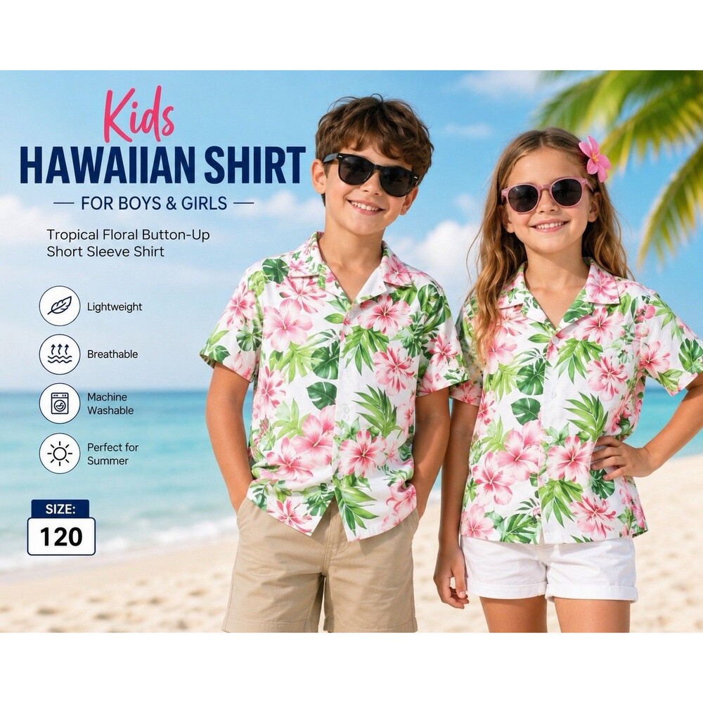 Kids Hawaiian Tropical Floral Collared Button-Up Shirt Short Sleeve Size 120
